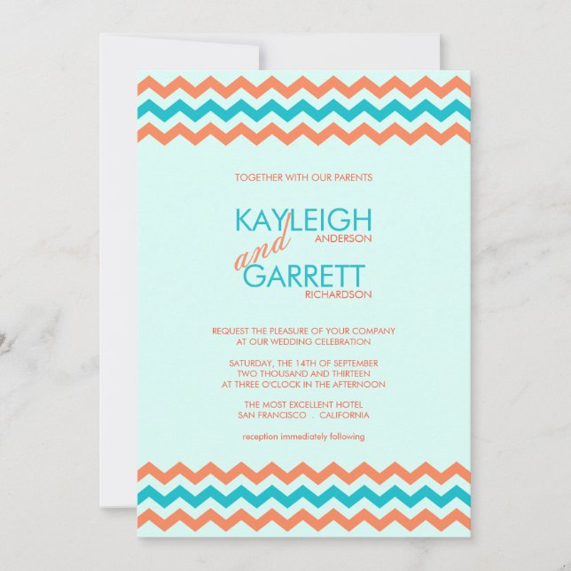Aqua Blue and Coral Chevron Wedding Invitations (Front)