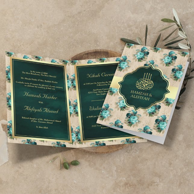 Aqua Blue and Emerald Green Floral Muslim Wedding Invitation (Creator Uploaded)