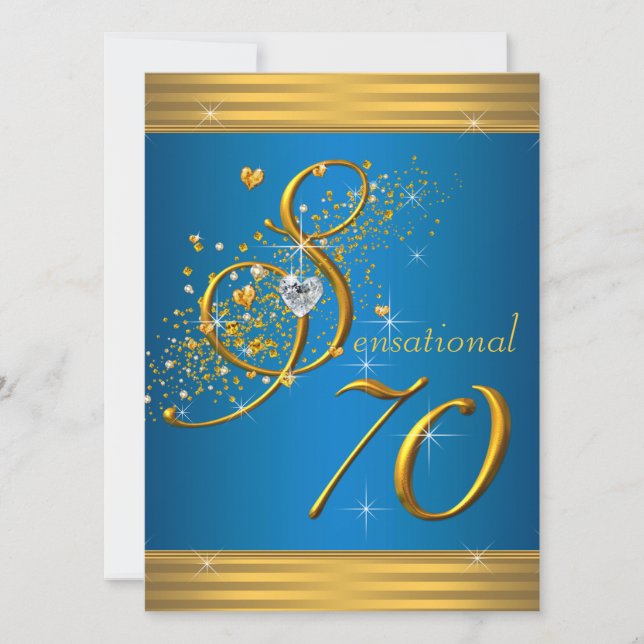 Aqua Blue and Gold 70th Birthday Party Invitation (Front)