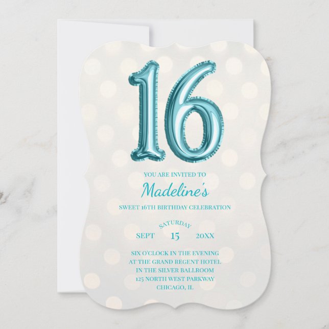 Aqua Blue and Gold Bokeh Faux Foil 16th Birthday Invitation (Front)