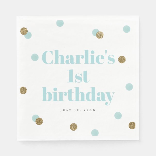 Aqua blue and gold confetti first birthday party napkin (Front)