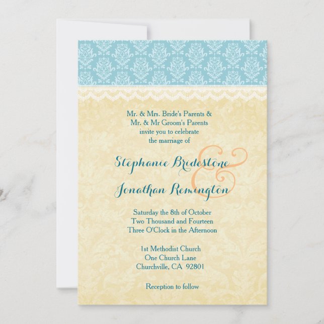 Aqua Blue and Gold Damask with Lace Wedding A01 Invitation (Front)