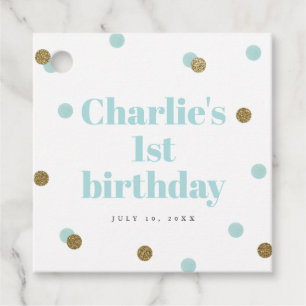Aqua blue and gold first birthday party favour tags