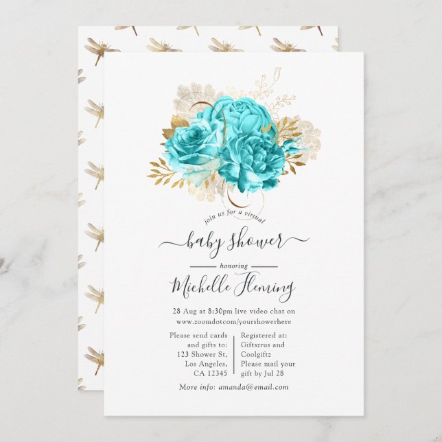 Aqua Blue and Gold Floral Virtual Shower Invitation (Front/Back)