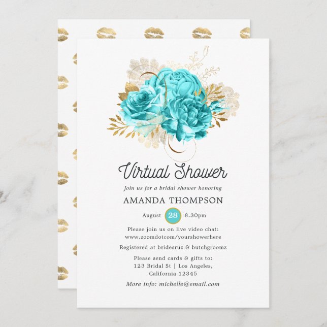 Aqua Blue and Gold Floral Virtual Shower Invitation (Front/Back)
