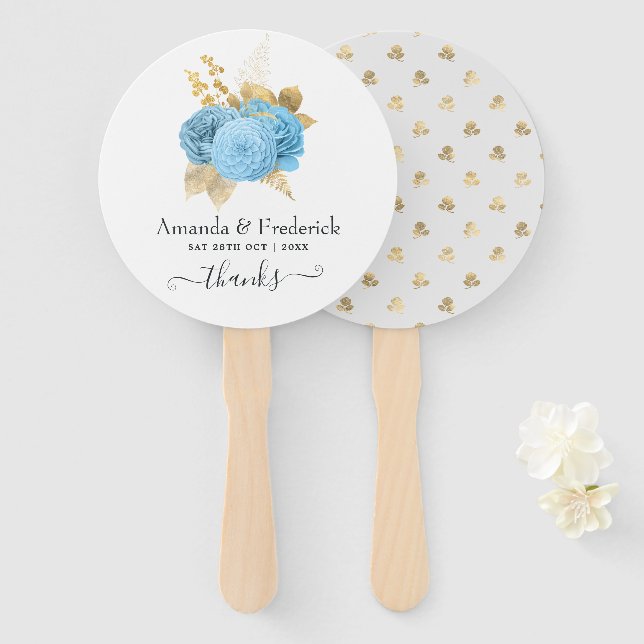 Aqua Blue and Gold Floral Wedding Hand Fan (Front and Back)