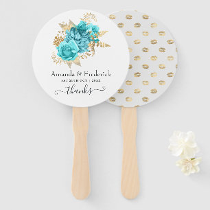 Aqua Blue and Gold Floral Wedding Hand Fan