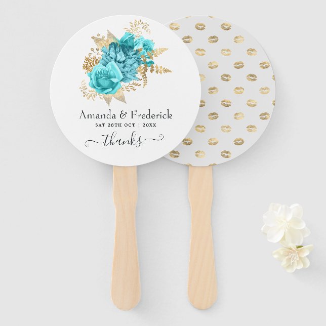 Aqua Blue and Gold Floral Wedding Hand Fan (Front and Back)