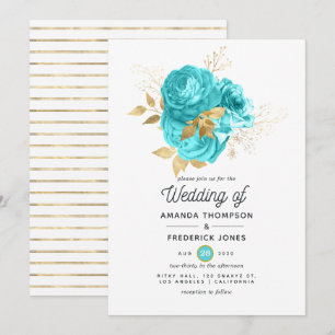 Aqua Blue and Gold Floral Wedding Invitation