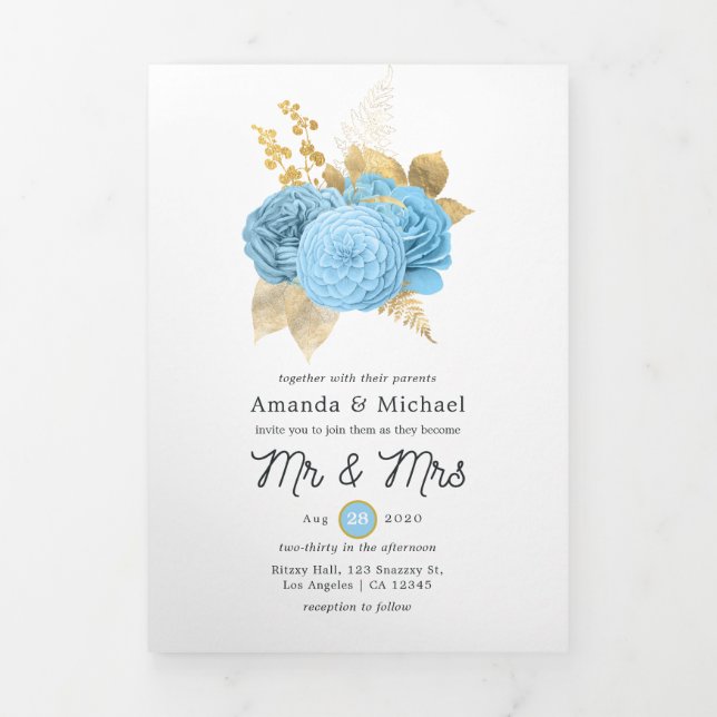 Aqua Blue and Gold Floral Wedding Photo Tri-Fold I (Cover)
