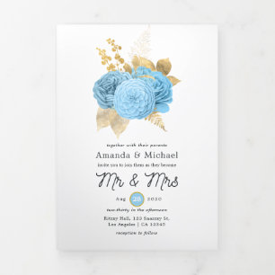 Aqua Blue and Gold Floral Wedding Photo Tri-Fold I Invitation