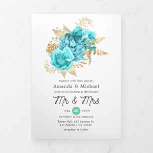 Aqua Blue and Gold Floral Wedding Photo Tri-Fold Invitation