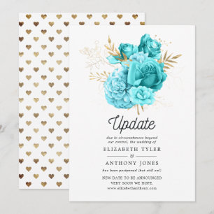 Aqua Blue and Gold Floral Wedding Update Invitation
