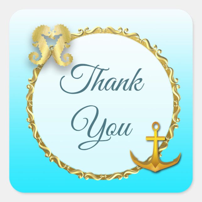 Aqua Blue and Gold Nautical Thank You Stickers (Front)