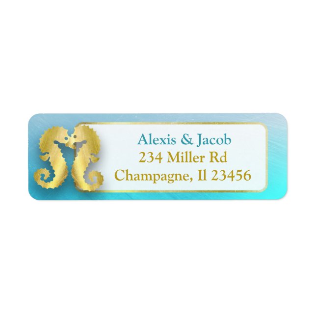 Aqua Blue and Gold Seahorses Kissing Return Labels (Front)