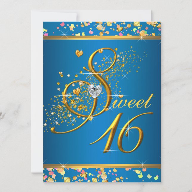 Aqua Blue and Gold Sweet Sixteen Party Invitation (Front)