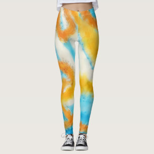 Aqua Blue and Gold Watercolor Art Leggings