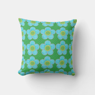 Aqua Blue and Green Polkadots Digital Flowers Cushion