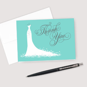 Aqua Blue and Grey Bridal Shower   Elegant Gown Thank You Card