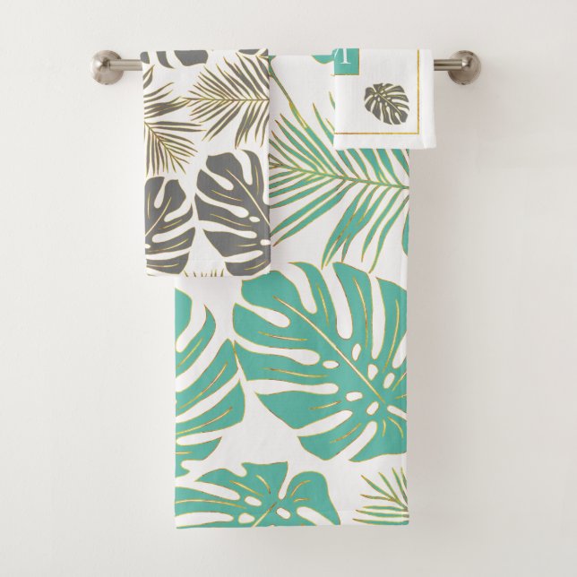 Aqua blue and grey tropical leaves and monogram bath towel set (Insitu)