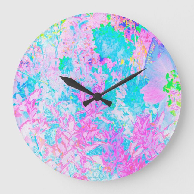 Aqua Blue and Hot Pink Hydrangea Landscape Large Clock (Front)