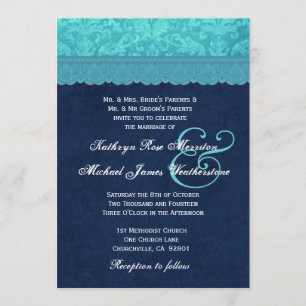 Aqua Blue and Navy Damask Wedding A001 Invitation