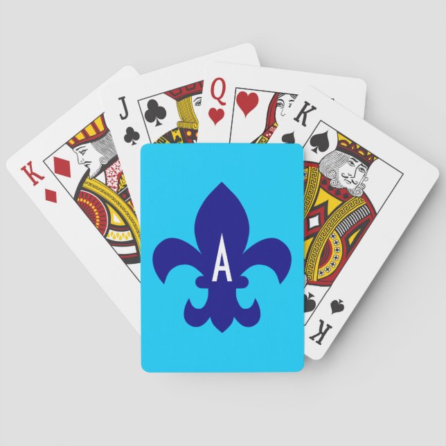 Aqua Blue and Navy Fleur de Lis Monogram Playing Cards (Back)