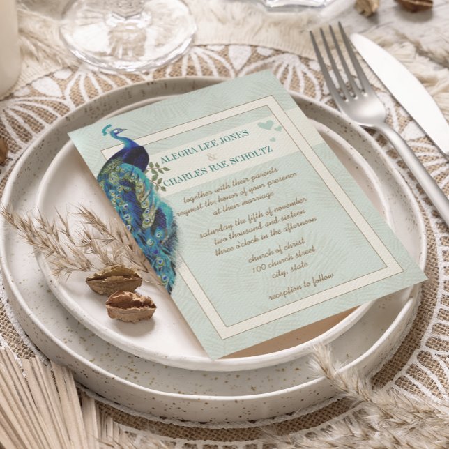 Aqua Blue and Navy Peacock Wedding Invitation (Creator Uploaded)