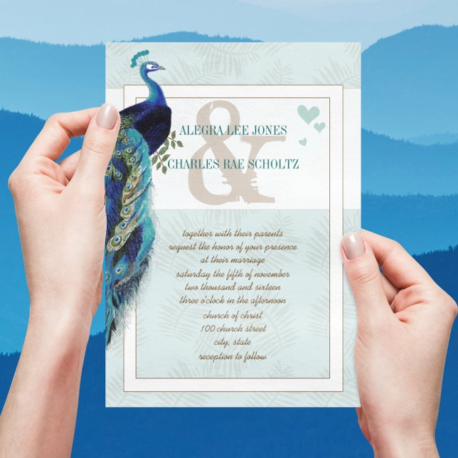Aqua Blue and Navy Peacock Wedding Invitation (Creator Uploaded)