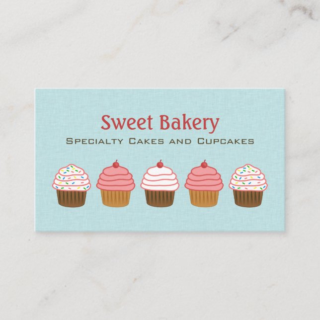 Aqua Blue and Pink Cupcake Cute Bakery Business Card (Front)