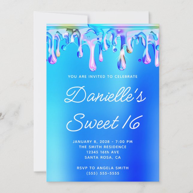Aqua Blue and Pink Liquid Drip Sweet 16 Invitation (Front)