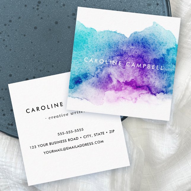 Aqua blue and purple watercolor square business card (Creator Uploaded)