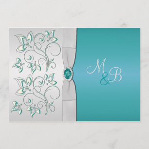 Aqua Blue and Silver Monogrammed Invitation