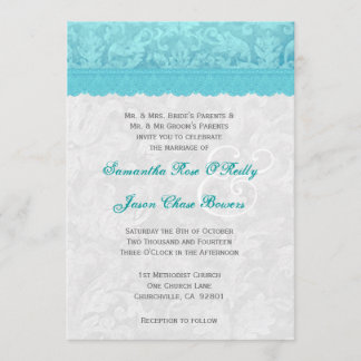 Aqua Blue and Silver Wedding Lace V200 Invitation