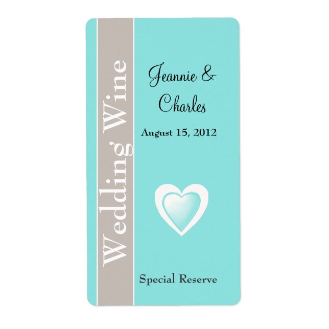 Aqua Blue and Taupe Wedding Mini Wine Label (Front)