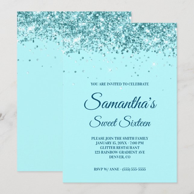 Aqua Blue and Teal Glitter Sweet Sixteen Invitation (Front/Back)