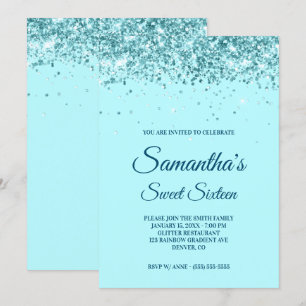 Aqua Blue and Teal Glitter Sweet Sixteen Invitation
