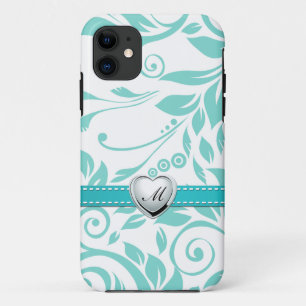Aqua Blue and White Damask Pattern with Monogram iPhone 11 Case