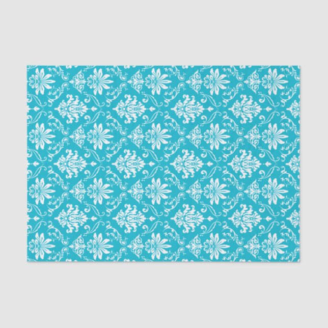 Aqua Blue and White Damask Tissue Paper (Front)