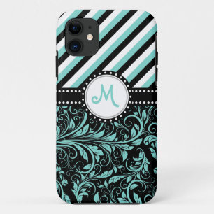 Aqua Blue and White Damask with stripes & monogram iPhone 11 Case