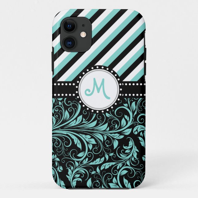Aqua Blue and White Damask with stripes & monogram Case-Mate iPhone Case (Back)