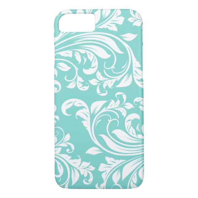 Aqua Blue and White Damasked Pattern Case-Mate iPhone Case (Back)