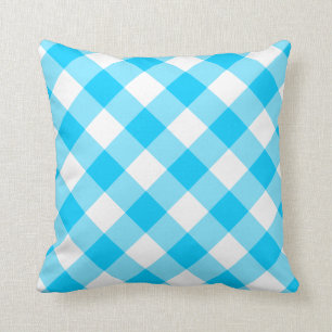 Aqua Blue and White Diagonal Gingham Pattern Cushion