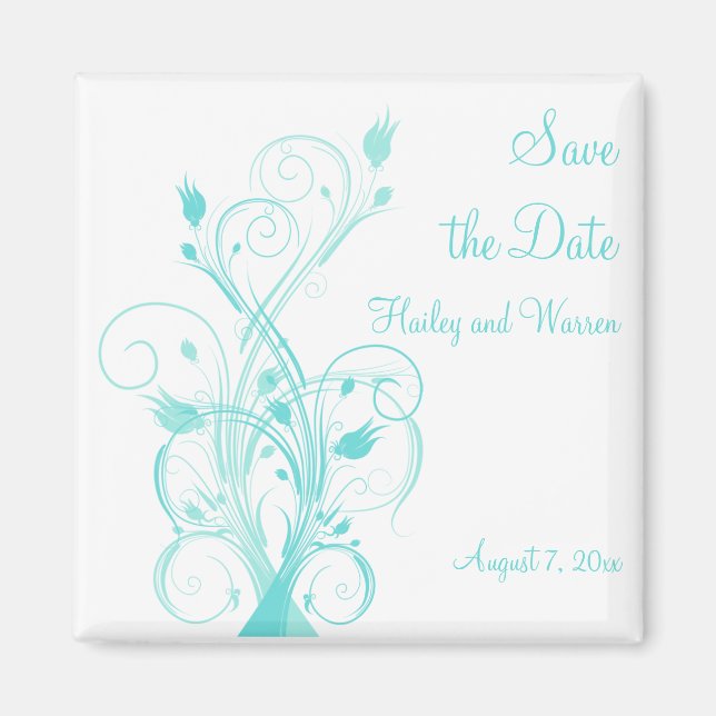 Aqua Blue and White Floral Save the Date Magnet (Front)
