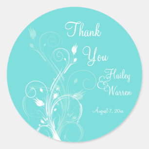 Aqua Blue and White Floral Wedding Favour Classic Round Sticker