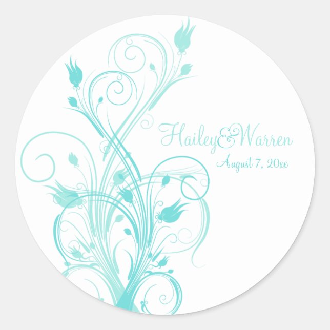 Aqua Blue and White Floral Wedding Favour Sticker (Front)