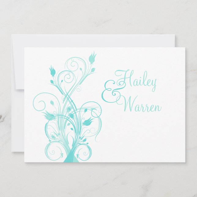 Aqua Blue and White Floral Wedding Invitation (Front)