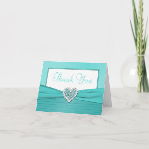 Aqua Blue and White Glitter Heart Thank You Card