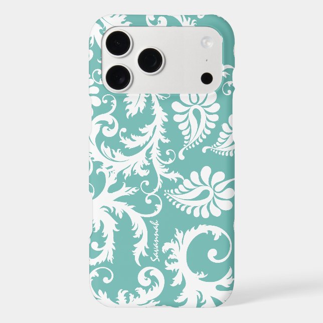 Aqua Blue And White Personalised Damask (Back)