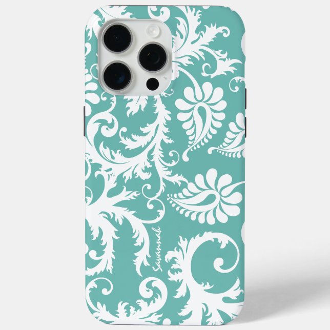 Aqua Blue And White Personalised Damask Case-Mate iPhone Case (Back)